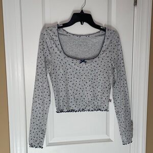 Primark Gray, Blue Floral and Red Hearts Pattern Crop Top